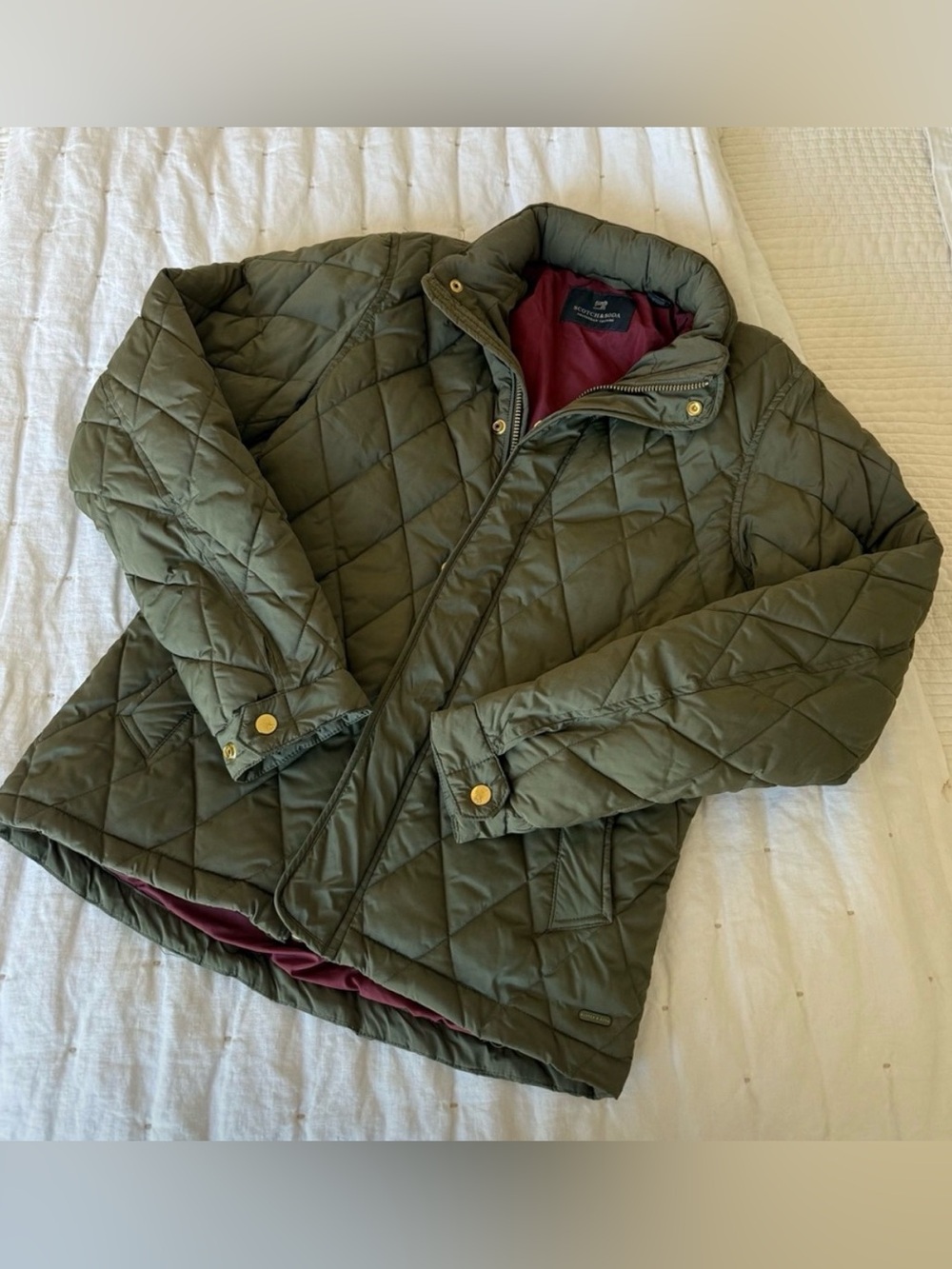 Mens Scotch and Soda Quilted Green Jacket Hidden Hood Gold Zipper | S | EUC